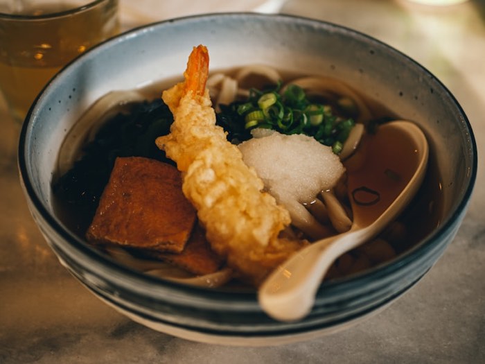 Seafood udon noodles